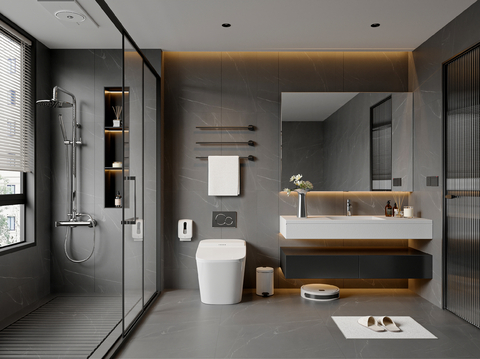  现代简约卫生间 卫浴柜 卫浴小件 卫浴镜 花洒马桶 毛巾架3d模型 