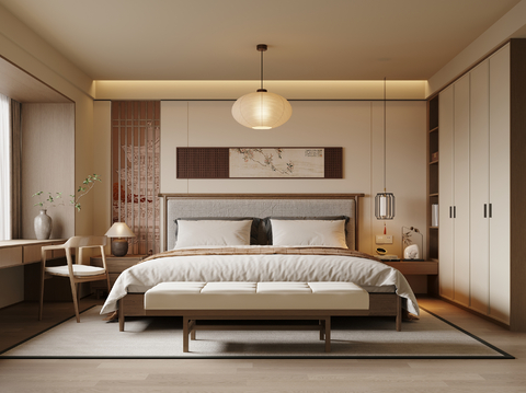  新中式禅意卧室 宋氏美学卧室 双人床 床头柜3d模型 