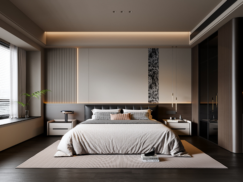  现代意式卧室 皮质双人床 床头柜 吊灯 地毯3d模型 