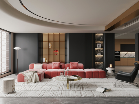  意式轻奢客厅 横厅 大平层  现代轻奢客厅3d模型 