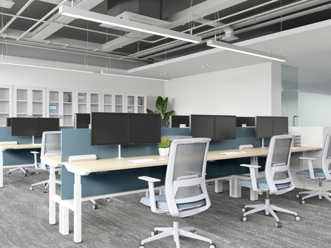  现代开敞办公区 升降职员办公桌椅  钢制文件柜 壁挂双显示器3d模型 