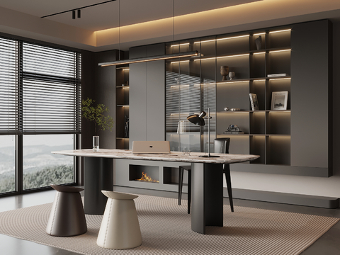  现代意式书房 书柜 书桌椅3d模型 