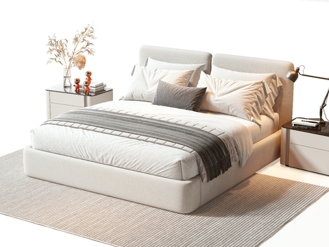  现代双人床 床 双人床 床头柜 摆件 枕头 书 绿植 饰品3d模型 