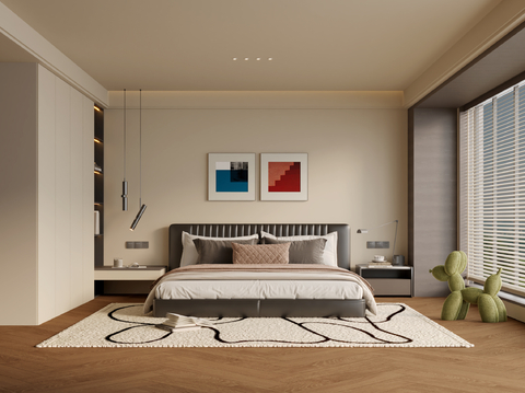  现代奶油风卧室3d模型 