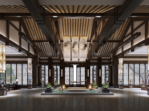  中式公司前台大堂3d模型 