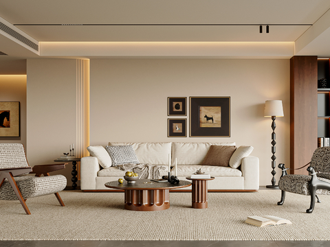  中古风客厅 中古风休闲椅 茶几 中古风落地灯 客厅沙发3d模型 