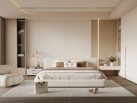  现代简约卧室 主卧 双人床 床头背景墙 衣柜3d模型 