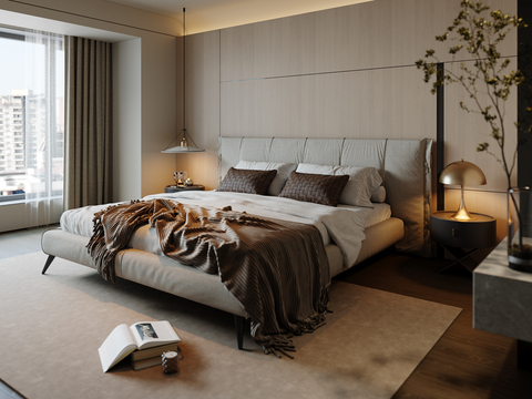  中古卧室 双人床 吊灯 地毯 床头柜 梳妆台3d模型 