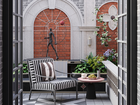  现代南法 复古别墅洋房 示范区 庭院花园 围墙景墙 休闲椅组3d模型 