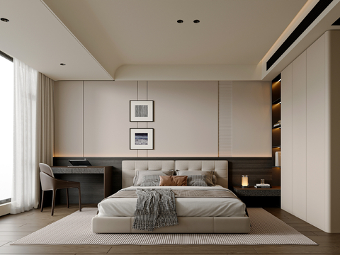  现代简约卧室 衣柜 布艺双人床 卧室摆件 挂画 台灯 主卧3d模型 