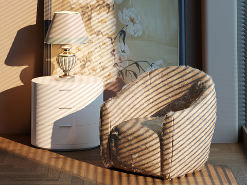  现代休闲沙发 休闲椅 床头柜 台灯 挂画 装饰画3d模型 