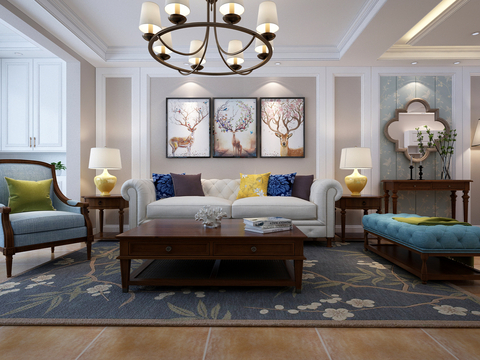  美式客厅 餐厅 沙发 茶几 电视柜 餐桌 餐椅 酒柜吊灯3d模型 