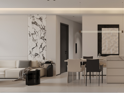  意式极简客餐厅 现代黑白灰 厨房3d模型 