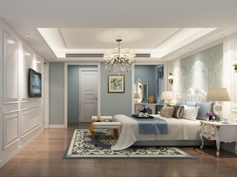  美式卧室书房床 书桌 吊灯 壁灯3d模型 