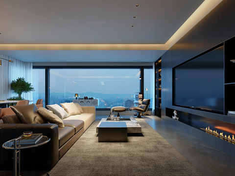  现代风格夜晚客餐厅3d模型 