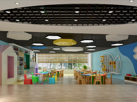 现代彩色幼儿园幼儿园桌椅吊顶鱼3d模型 
