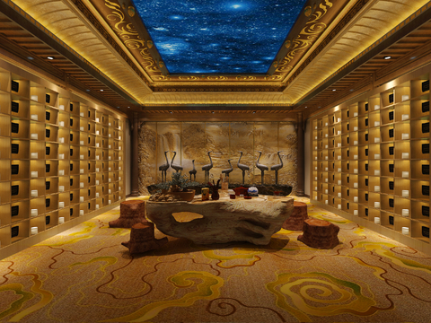  新中式接待茶室 休息室 石头 仙鹤3d模型 