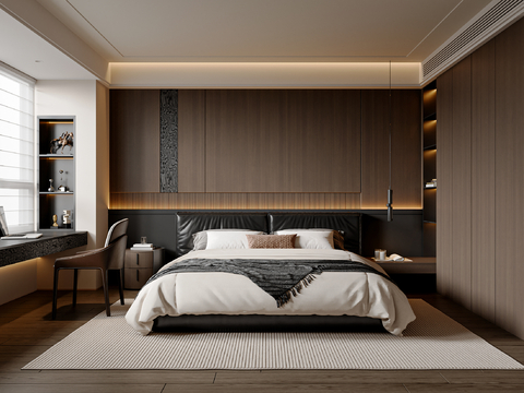  现代简约卧室 皮质双人床 衣柜 书桌椅 卧室摆件 主卧3d模型 