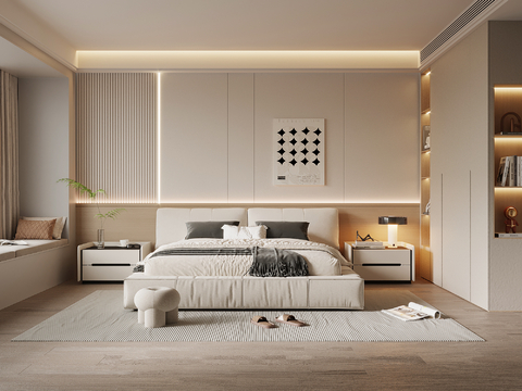  现代简约卧室 主卧 双人床 床头柜 衣柜3d模型 