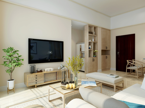  新中式 日式 原木客餐厅3d模型 