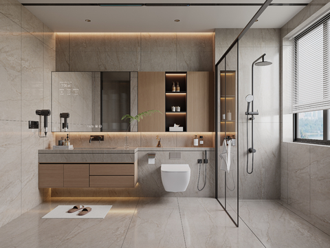  意式现代卫生间 干湿分离卫生间 淋浴花洒 浴室柜 卫生间用品3d模型 