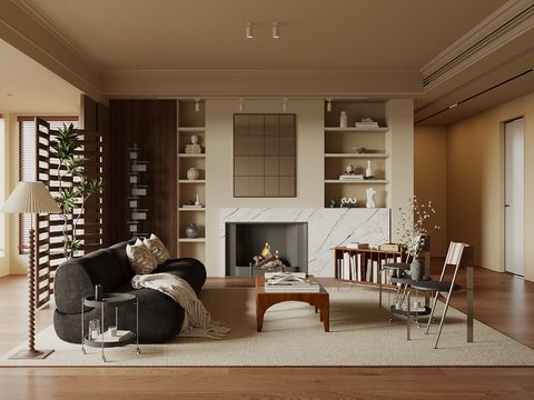  中古侘寂风客厅 沙发背景墙 壁炉 沙发茶几组合 中古屏风3d模型 