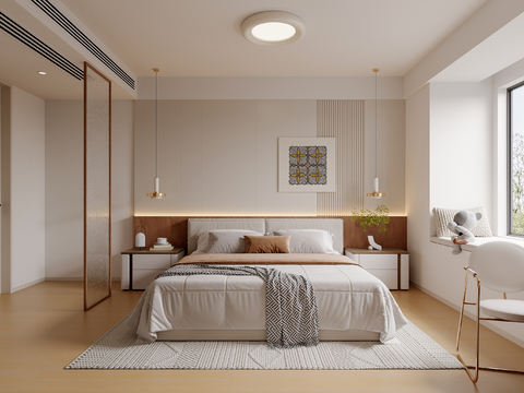  奶油原木风卧室3d模型 