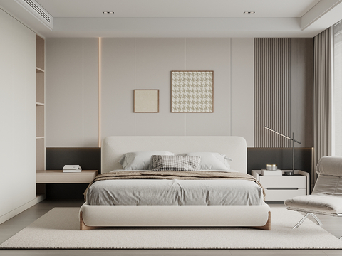  现代侘寂风卧室 主卧室 民宿 双人床 飘窗柜 吊灯 衣柜3d模型 