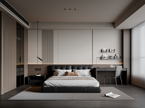  现代意式卧室 皮质双人床 床头柜 吊灯 书桌椅 衣柜3d模型 