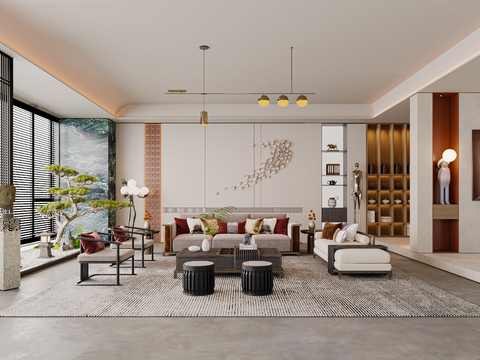  新中式现代家居客厅 新中式禅意家居 宋式美学客厅客餐厅 组合3d模型 