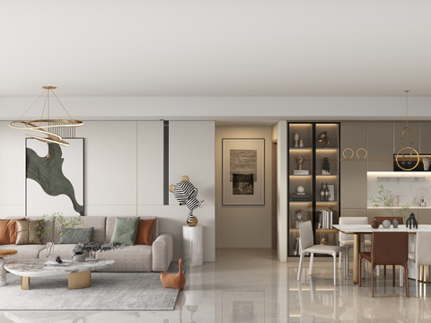  现代全景客厅 餐厅 餐桌椅3d模型 