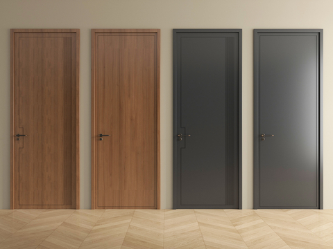  中古风实木平开门 窄框单开门 卧室门3d模型 