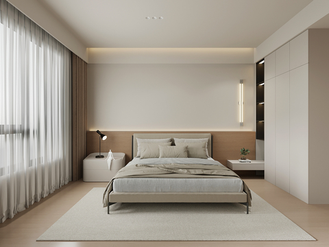  现代卧室 双人床 床头柜 衣柜3d模型 