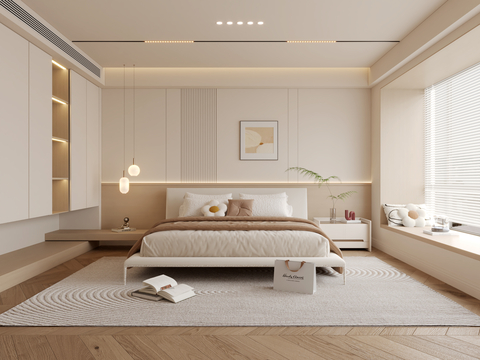  现代奶油风卧室3d模型 