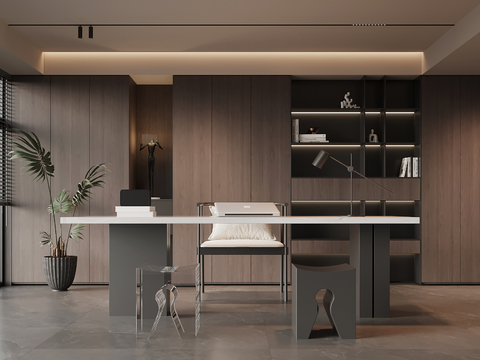  意式书房 书桌椅 书柜3d模型 