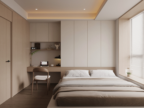  现代奶油风榻榻米卧室3d模型 