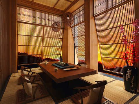  日式榻榻米 吊顶 吊灯 茶桌椅3d模型 