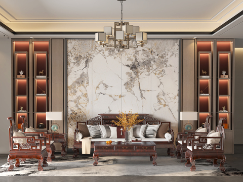  新中式客厅 客厅 实木沙发 中式沙发3d模型 