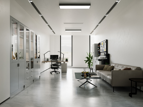  现代办公室 办公桌 文件柜 沙发茶几组合3d模型 