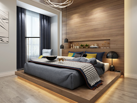  北欧卧室 吊灯 双人床 台灯 单人沙发3d模型 