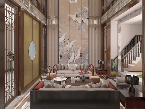  新中式挑空客厅3d模型 