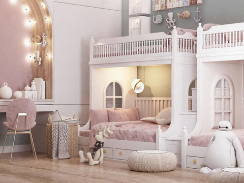  儿童房设计 粉色系卧室免费3d模型下载 