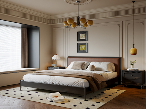  法式中古风卧室 实木双人床 床头柜 吊灯 挂画 地毯3d模型 