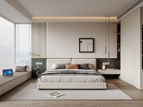  现代简约卧室 布艺双人床 床头柜 吊灯 挂画 衣柜 地毯3d模型 