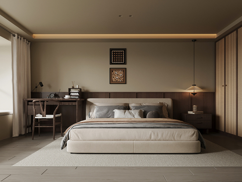  中古风卧室 双人床 衣柜 书桌椅3d模型 