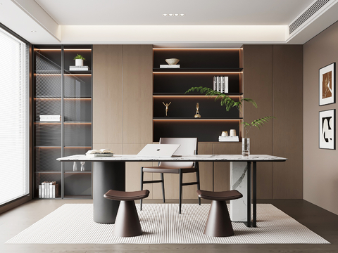  现代意式书房 书桌椅 书柜3d模型 