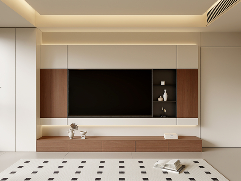  现代奶油中古风客厅电视背景墙 电视背景墙阳台柜 隐形门电视墙3d模型 