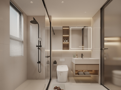  现代奶油风卫生间 洗手台 镜子 马桶 毛巾架 淋浴3d模型 