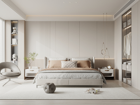  现代奶油风卧室 床头背景墙 双人床 衣柜 休闲沙发 老人房3d模型 