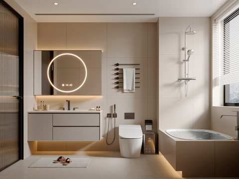  现代奶油风卫生间 卫浴柜 卫浴用品 卫浴小件 浴缸 毛巾架3d模型 